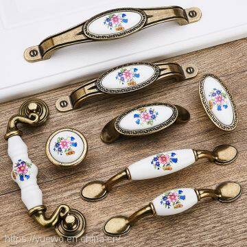 European-style Antique Copper Ceramic Handle Garden Horn Flower Wardrobe Door Drawer Drawer Cabinet Handle photo-5