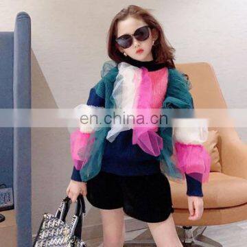 Girls' Korean color matching mesh knitted top fall / winter 2020 new Korean children's fashion fashion fashion sweater