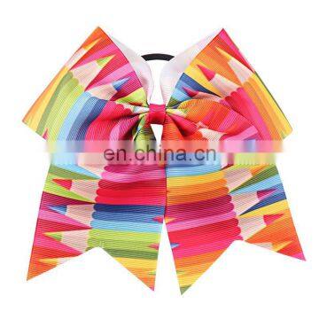 7'' Girls Mermaid Pencil Print Cheer Bows Grosgrain Ribbon School Hair Bow Elastic Rubber Handmade Hair Clip Hair Accessories