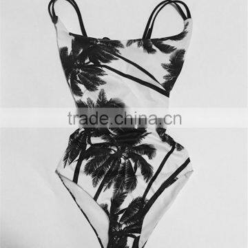 2016 new Sey halter straps women swimwear Coco palm trees one piece swimsuit Black and white printing women bathing suits