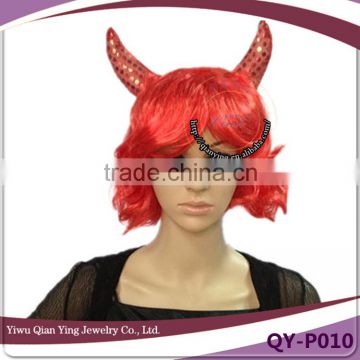 Cheap short red curly synthetic halloween party hair wig with ox horn