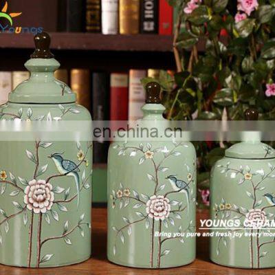 Wholesale And Retail Beautiful Chinese Flower Bird Design Ceramic Porcelain Storage Jar Pots Sets