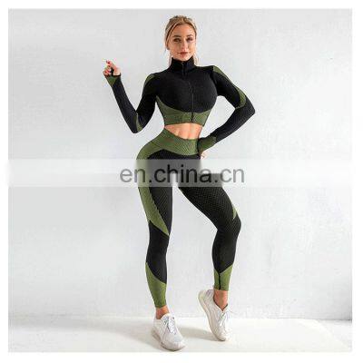 Wholesale Women 3 Pieces Crop Top Leggings and Sports Bra Workout Clothes 3 Pieces Seamless Yoga Belt Zipper Suit photo-3