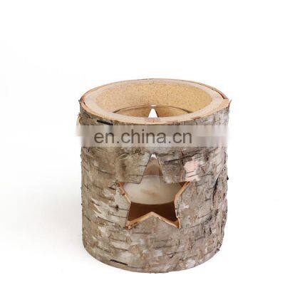 K&B wholesale antique bark wooden small tealight holders outdoor candle lantern for garden