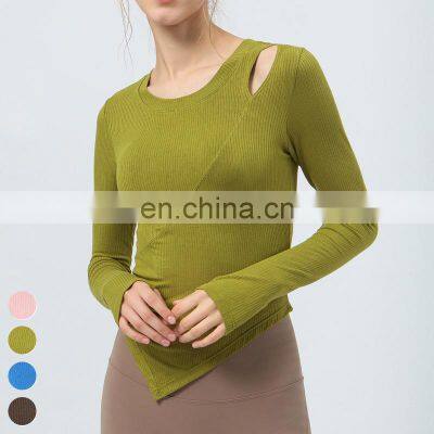 Asymmetrical Hem Design Yoga Top Gym Fitness Top Long Sleeve Thumb Holes Sports T Shirts Women Yoga Shirt With Removable Pad photo-2