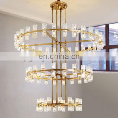 American Villa Modern Pendant Light Luxury Brass Living Room Foyer Entryway High Ceiling Crystal Led Round 3 Tiers Chandelier