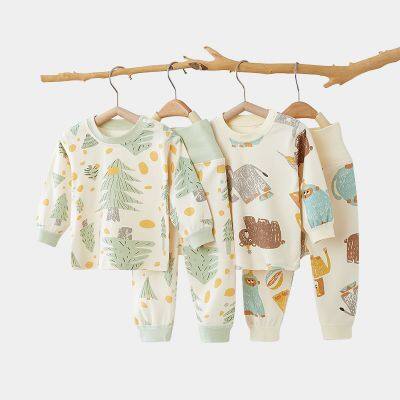 Cotton baby kids 2pcs set high waist belly protector long sleeve Children's pajamas home clothes with wholdsale