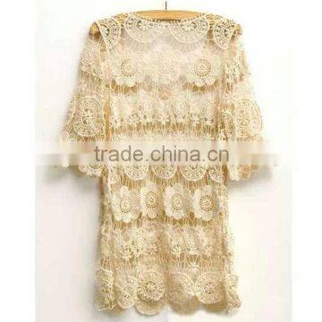 Ladies TOPS Hot Cotton Embroidery Lace Fabric Vest for Women Three Quarter Sleeve photo-3