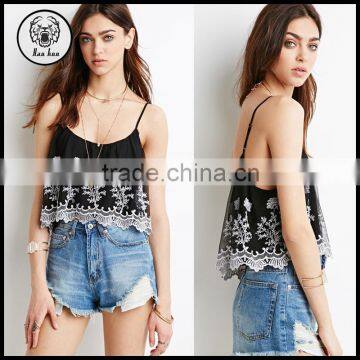 Autumn 2015 Womens Black Embroidered Bohemian Crop Tops