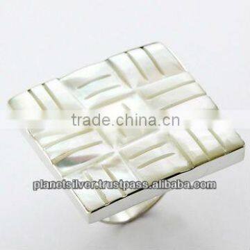 Mother Of Pearl Ring Carved Woven Pattern 925 Silver