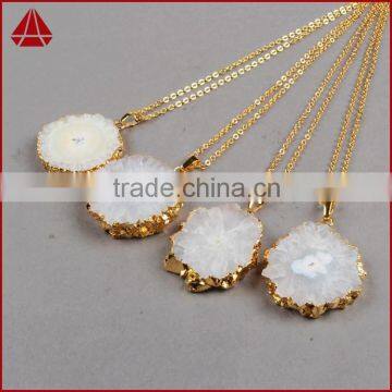 Fashion Druzy Pendant, 18K Gold Plated Opal White Flower Solar Quartz Charm Pendant photo-3