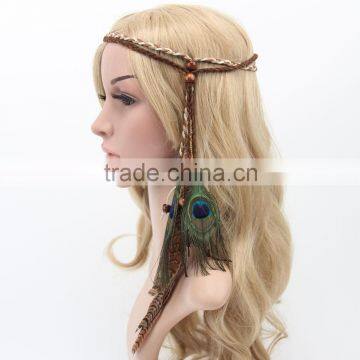 DSHB01 Tribal Hair Band Indian Peacock Feather Pendant Headband Golden Leaves Rope Knitted Belt Elastic Hairband photo-5