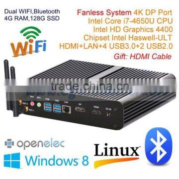 Small Fanless Nettop i7 4500u/4550u/4650u Core HD4400 Graphics Haswell Structure 4K HD Streaming WAKE-ON-LAN 4G RAM 128G mSATA