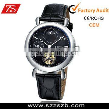 2014 high end genuine leather strap stainelss steel automatic mechanical skeleton watch