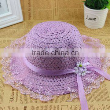 Cute Summer Child Girls Straw,Floppy Flower Beach Hat With Lace Embellishment photo-5