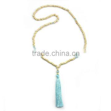 Original Natural Wood Beads Jade Stone Long Tassels Beaded Necklace