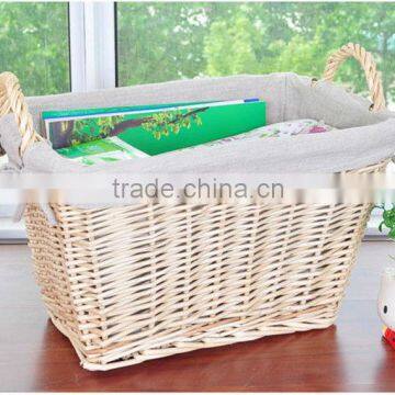 wholesale wicker/willow storage basket with fabric liner and 2 small handle for homeware