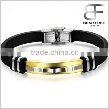 Stainless Steel Bracelet Smooth & Flat For Men Bangle Silicone Wristbands Black gold