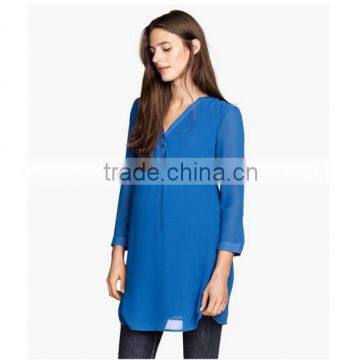 Hot sale Fashion blue v neck plain long sleeves maternity dresses