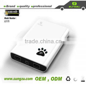 Sungzu factory OEM/ODM dual USB real capacity 6000mah bear paw universal power bank