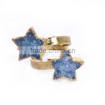 50pcs Natural Raw Stone Ring five-star points Dual Stone Ring Gold Double Ring pewter Adjustable Ring