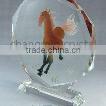 Personalized Crystal Round Trophy With Horse Printing For Business Souvenir