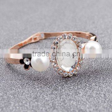 Girls Fashion Alloy Metal Bangle Center Luxury Big Nature Stone Side Black Painted Small Flower Pearl Bangle Bracelets Jewelry photo-4