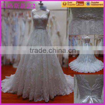 Pretty good new fashion lace wedding dresses with shoulders and beaded belt