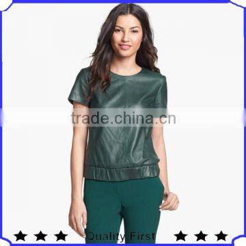 Green short sleeve Pu Leather tops new fashion girls tops 2016