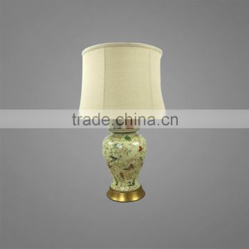 Antique Brass Metal Base And Ceramic Body Printing Birds With Fabric Lampshade Bedside Table Lamp Study Table Lamp