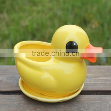 Attractive desktop decor yellow duck shape animal ceramic planter