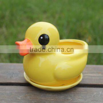 Attractive Desktop Decor Yellow Duck Shape Animal Ceramic Planter photo-2