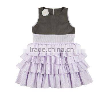 CUSTOM 100% Cotton Lilac Ruffle BB Pink Girls Puffy Dress Casual Flower Pin Summer Dresses Wholesale