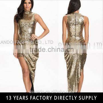 2016 latest lady fashion full gold sequin side ruched high neck evening dress