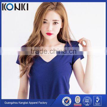 Lady's v neck curved hem cotton tee shirt blue color customized bulk wholesale printing Tee shirt