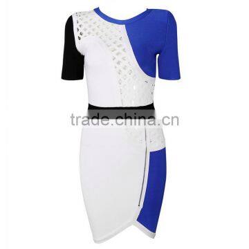 Blue And White Hollow Out Meshes Mid Sleeve Tight Sexy HL Bandage Dress photo-3