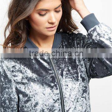 Women Fitness Shiny Velvet Bomber Jacket Ribbed Trim Zip Up Coat With Pocket Sides Outwear photo-6
