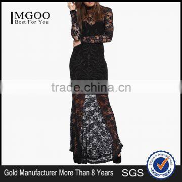 MGOO Fast Selling 2015 OEM/ODM Hollow Out Lace Dress Black Sheath Maxi Dress Long Sleeve Prom Dress D662