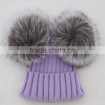 Myfur Lavender Adults Kids Size Customized Double Silver Fox Fur Pom Poms Winter Knit Hat