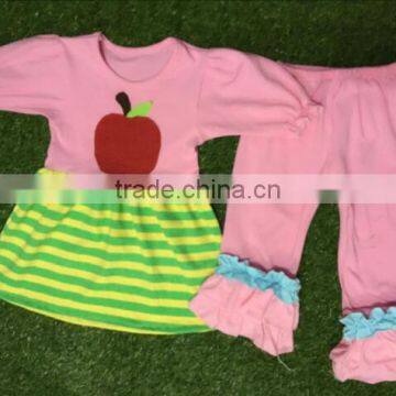 2016 back to school girl boutique clothing set red apple and Green stripes girls cotton frock designs with pink capris outfit