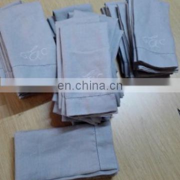 customized wedding pure linen dinner napkins with dot hemstitch and monogramming in blue-gray color