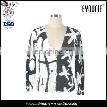 OEM Spring Black And White Pattern Print Fabric Winter Long Women Cardigan