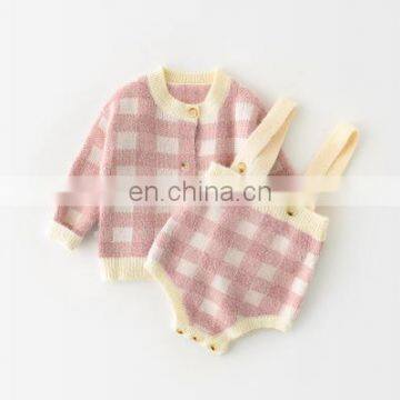 Korean Baby Long-sleeved Small Fresh Plaid Jacket With Suspenders Triangle Climbing Sweater Two-piece