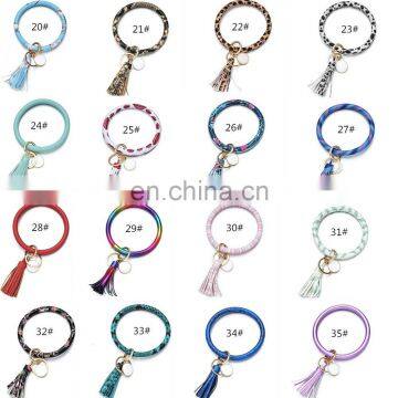 PU Leather Key Chain Women Circle Tassel Bracelet Wristlet Keychains Girl Key Ring Wrist 35colors photo-2