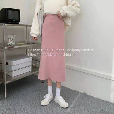 Black Split Knit Skirt Autumn and Winter New Women's 2021 Korean High Waist Versatile A-shaped One-step Skirt photo-2