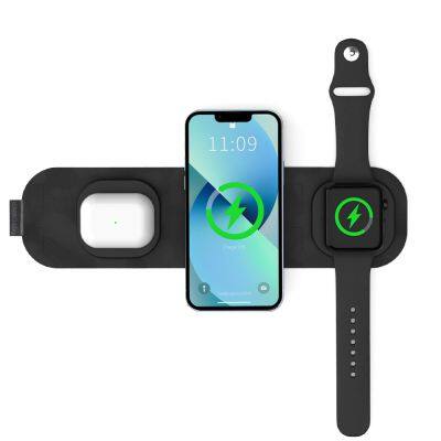 Carregador magnético sem fio portátil 3 em 1 para telefones, fones de ouvido e relógios inteligentes com design de tecido dobrável, base de carregamento
