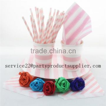 Disposable Tableware Light Pink Striped Paper Straw Plate Cup Napkin