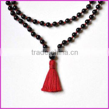 NE2132 108 Black Onyx Knot Mala Cotton Tassel Necklace,Gemstone Spiritual Knotted Rosay Necklace