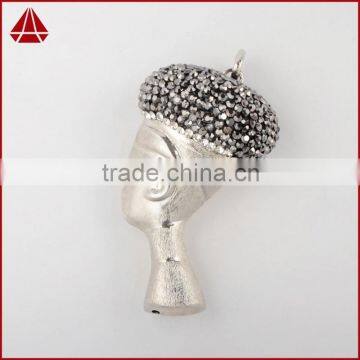 Egyptian head, antique silver color stainless steel pendant, metal charms in silver color with pave diamond