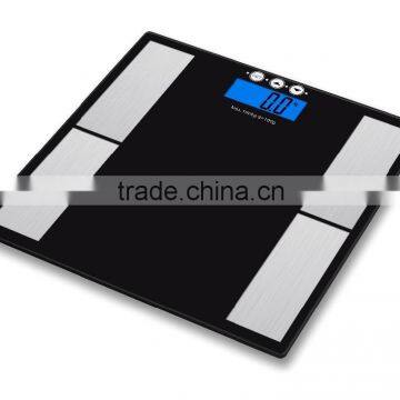 body fat weighing scale with blue backlight and BMI